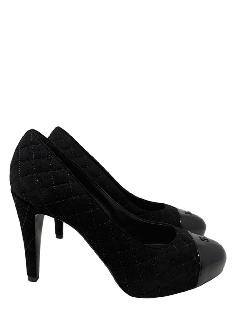Chanel Quilted CC Cap Toe Black Suede Pumps Size 39.5